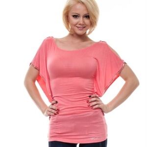 Coral Silver Trim Bat Wing Summer Blouse Top
